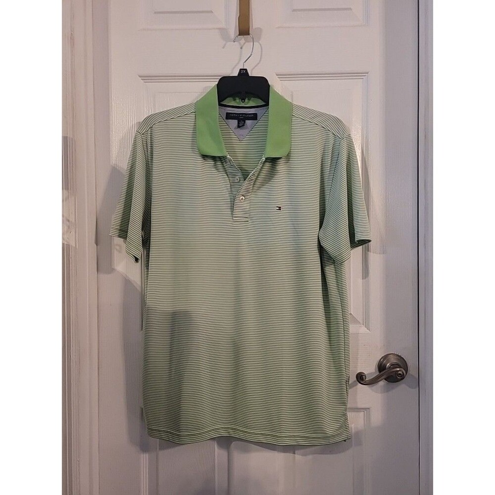 Tommy Hilfiger Polo Shirt Mens Large Green White Striped Custom Fit Golf Rugby
